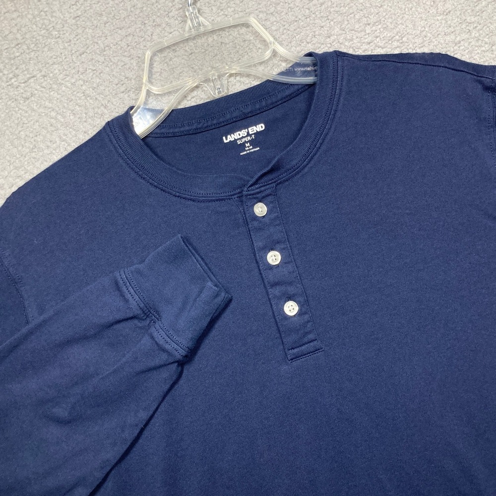 Lands'‎ End Mens Super-T Henley Shirt Medium Navy Blue Long Sleeve Cotton 9109